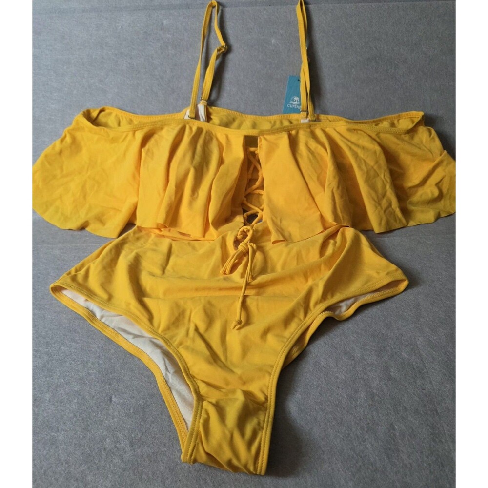 CUPSHE Women's Sz XL Yellow Off Shoulder Ruffle One Piece Swimsuit Lace Up NWT